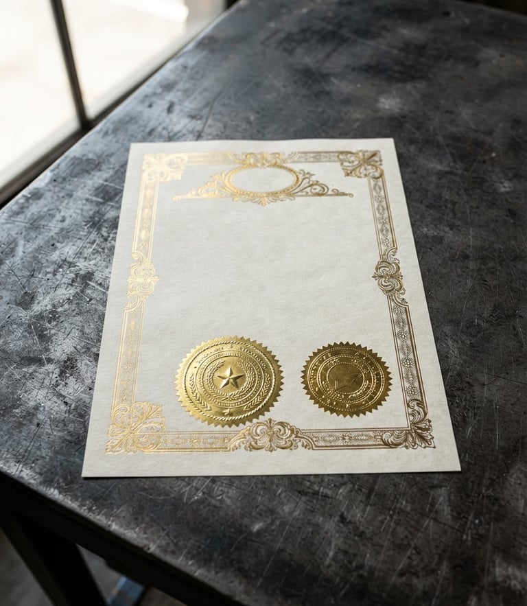 A close-up of a professional physical training certificate with gold stamp seals, laying on a dark industrial metal table, sharp focus, 35mm lens.