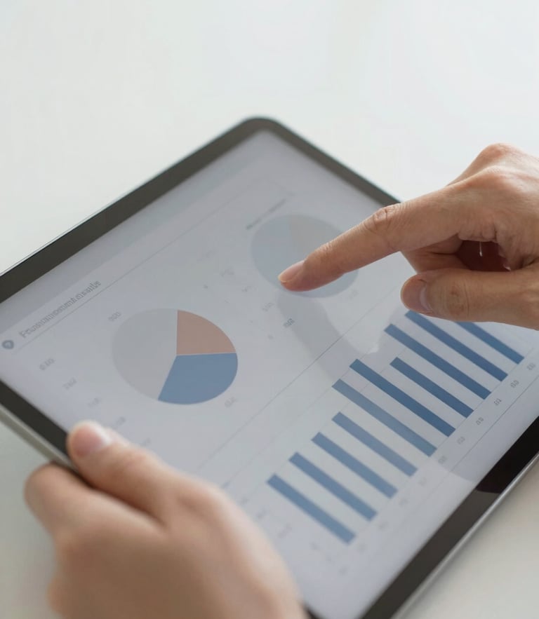 Close-up of hands analyzing clean charts on a tablet, soft natural daylight, muted navy and warm gray tones, clean composition, shallow depth of field