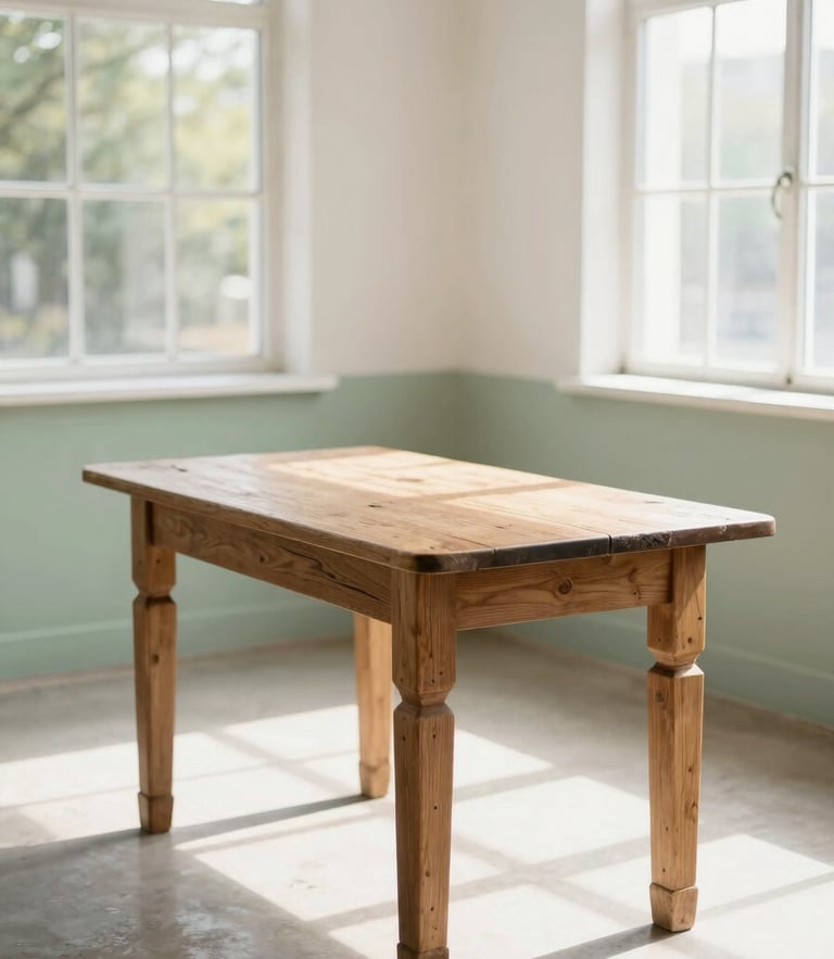 A bright, sunlit restoration workshop with natural light streaming through large windows, highlighting a partially restored antique oak table with visible wood grain, warm tones, 35mm editorial photography.