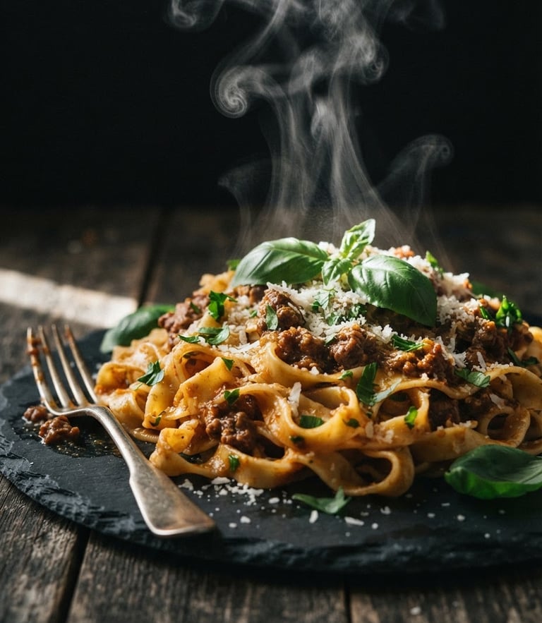 Moody close-up of steam rising from a freshly served pasta dish, dark slate background, dramatic side lighting, rich green garnish, 35mm