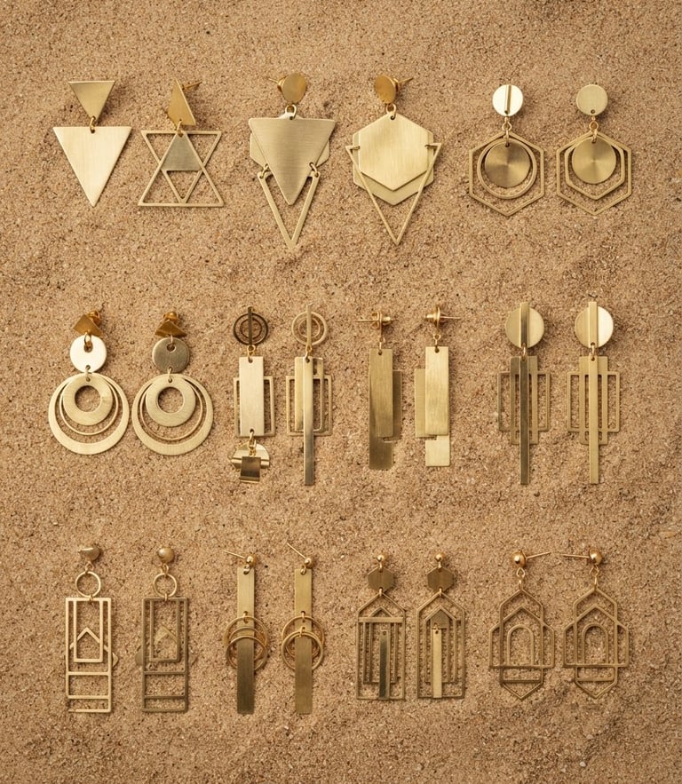 Macro photography of polished gold and brass geometric earrings arranged neatly on a warm sand-textured surface, sharp focus, professional industrial lighting, 35mm