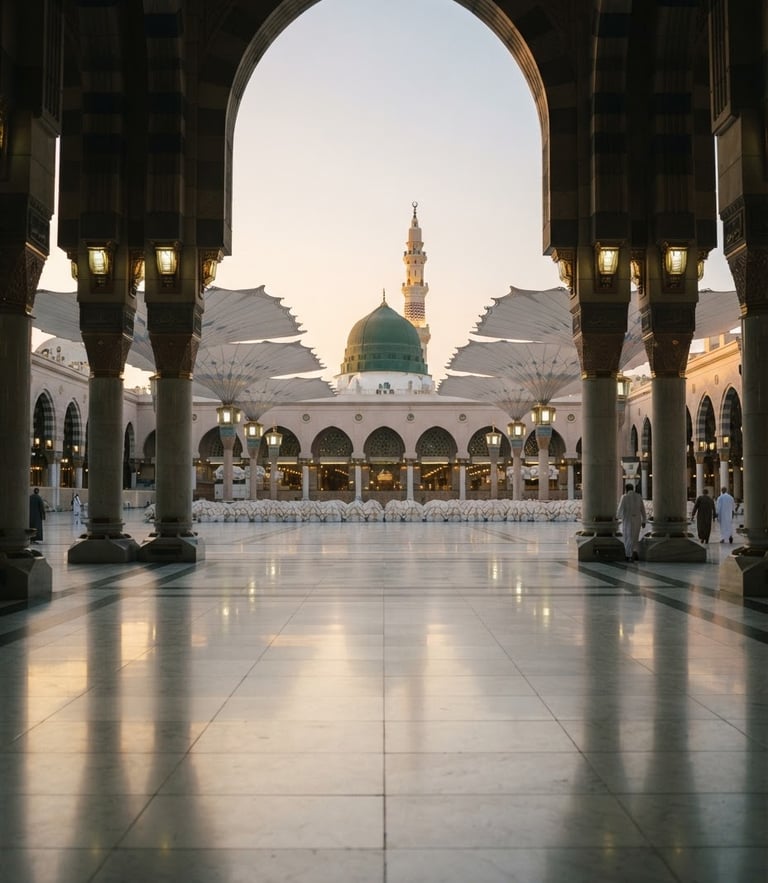 Symmetrical architectural portrait of Madinah's white marble courtyard at dawn, soft golden light reflecting on the polished floor, absolute quietness, 35mm cinematic film.