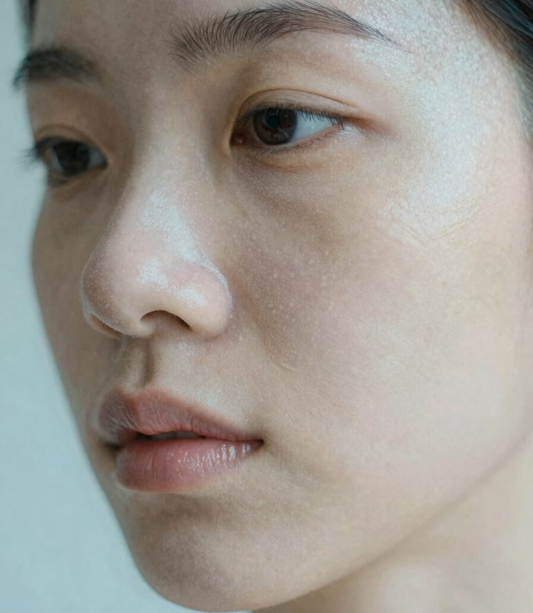 Macro portrait of healthy, hydrated skin texture showing natural pores, soft diffused morning light with a subtle cool blue glow, shallow depth of field.