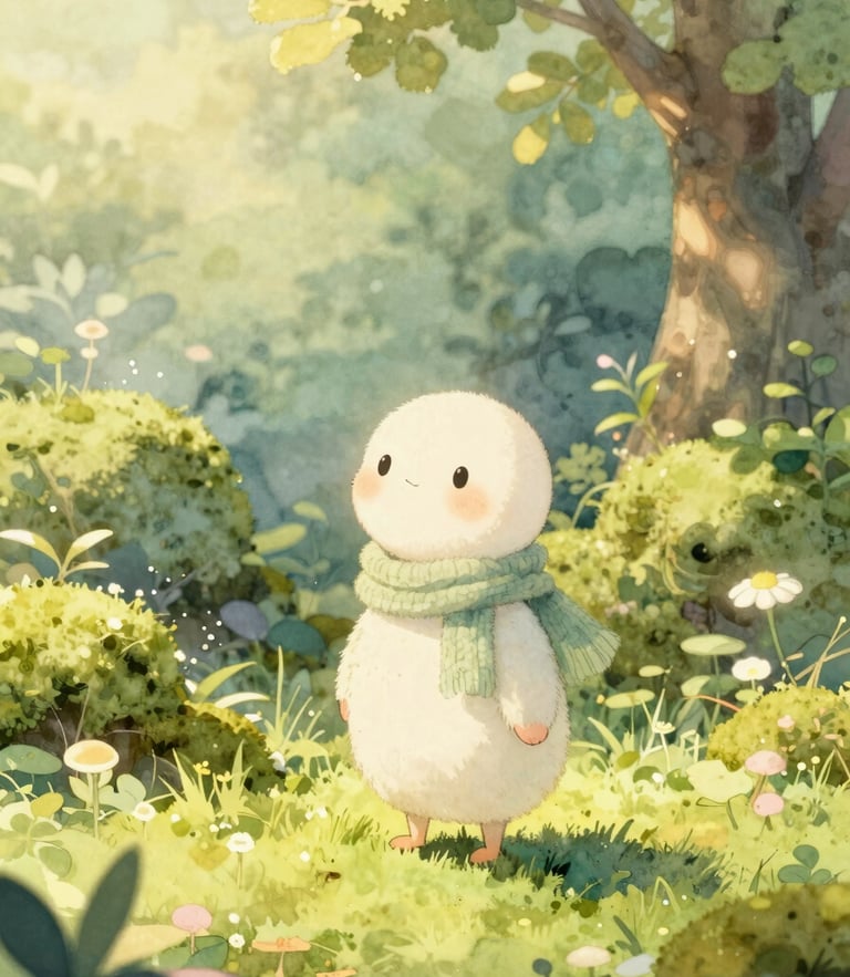 A whimsical 3D character with hand-painted textures, wearing a tiny knitted scarf, standing in a sunlit mossy garden, soft watercolor style.