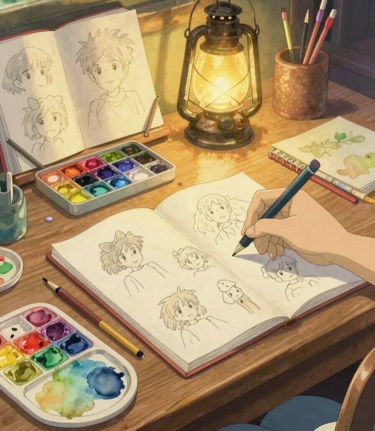 An artist's wooden desk covered in watercolor paint palettes, sketchbooks, and a glowing lantern casting warm light on hand-drawn character sketches, soft focus, Ghibli style.