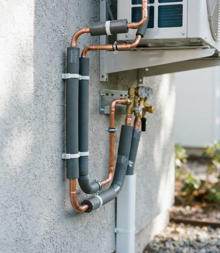 Close-up of a neatly installed copper piping system for a heat pump on an outdoor wall, clean routing, bright daylight, 35mm