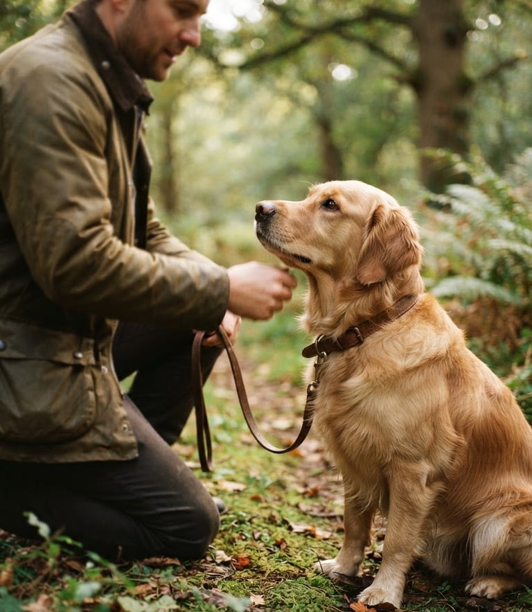 warm editorial photography, soft morning natural light, close up of a calm dog looking at a trainer, earthy tones, 35mm