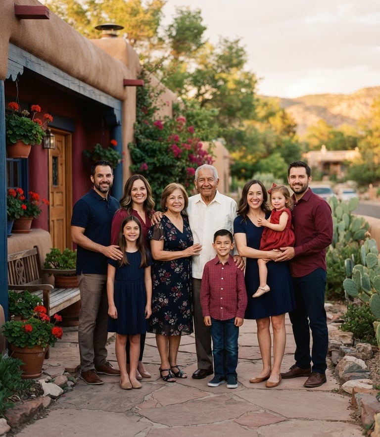 Dignified medium environmental portrait of a multi-generational Hispanic-American family standing together in front of their home, warm golden-hour daylight, soft focus, rich deep red and navy tones, 35mm photography.