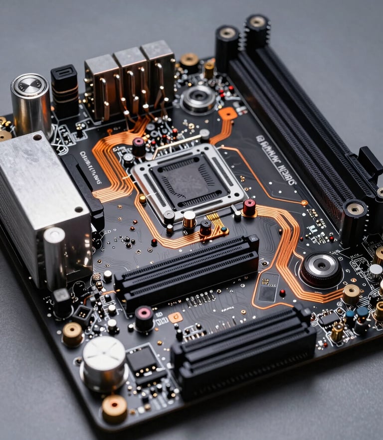 Tight macro shot of a high-end workstation motherboard, cool high-contrast studio lighting with sharp orange ambient accents highlighting copper traces and technical components.