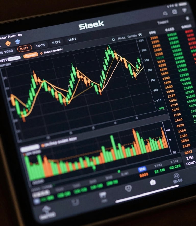 Sleek dark-mode trading terminal mockup on a responsive tablet screen, showing real-time green candlestick charts and gold execution lines, sharp low-key lighting with green edge glows.