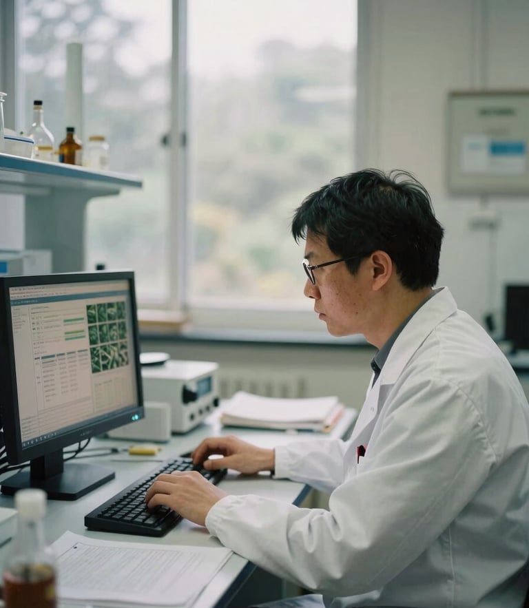 A researcher in quiet focus examining environmental data on a screen in a naturally lit laboratory, soft overcast daylight, muted forest and cream tones, 35mm film.