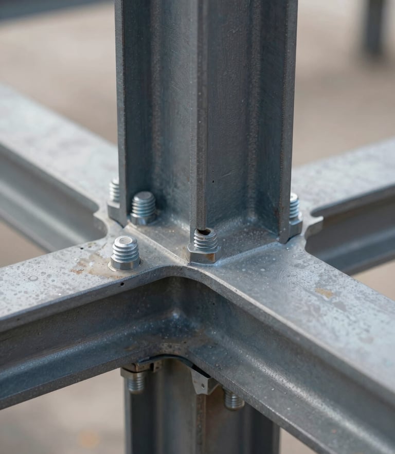 Macro detail of high-strength structural steel connections and heavy bolted joints under natural industrial daylight, emphasizing precision engineering.