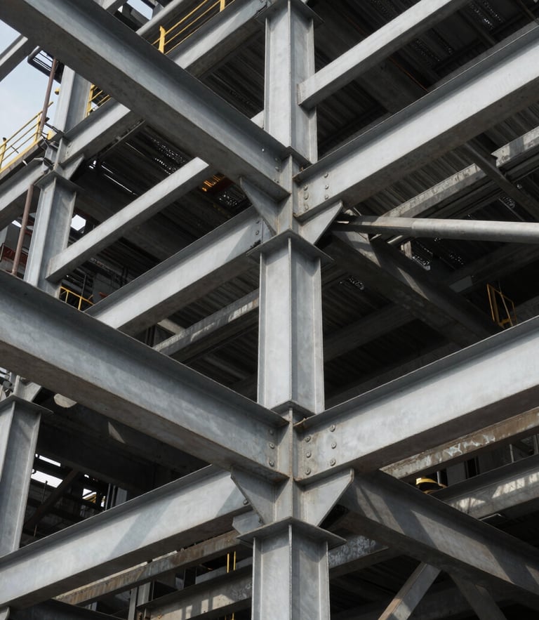 Low-angle heroic shot of complex structural steel connections of an industrial plant, high-contrast natural daylight, steel-gray tones with sharp shadows