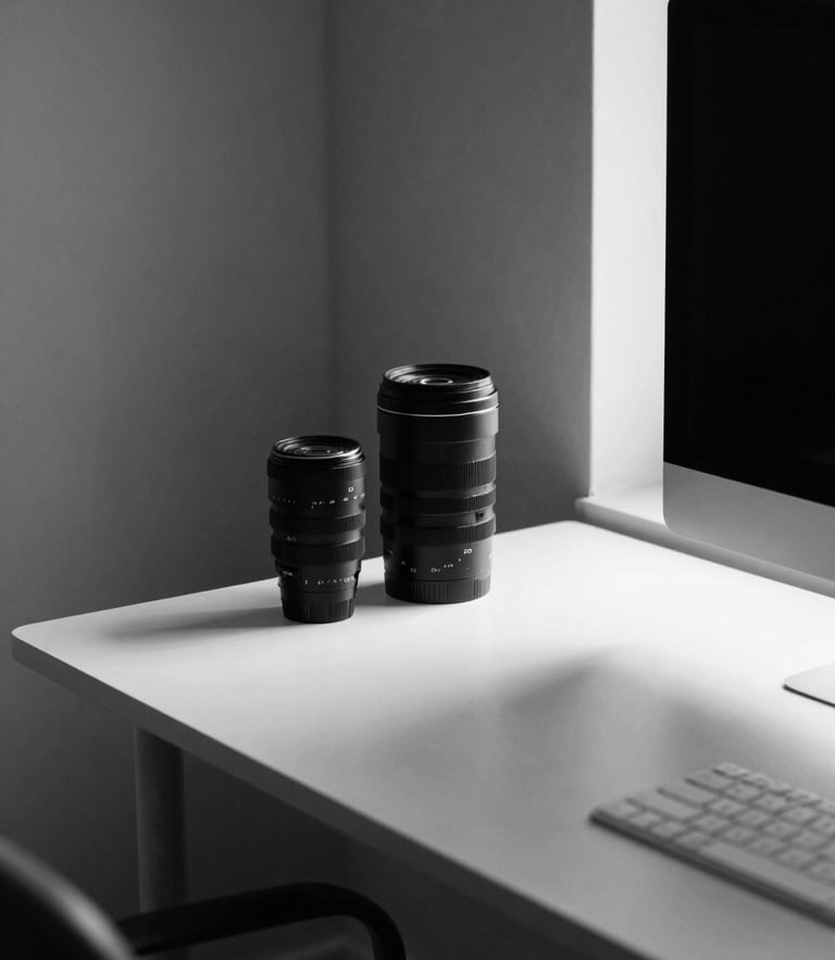 Minimalist desk setup with modern hardware, sharp high-contrast natural light and dramatic black-and-white shadows, editorial style