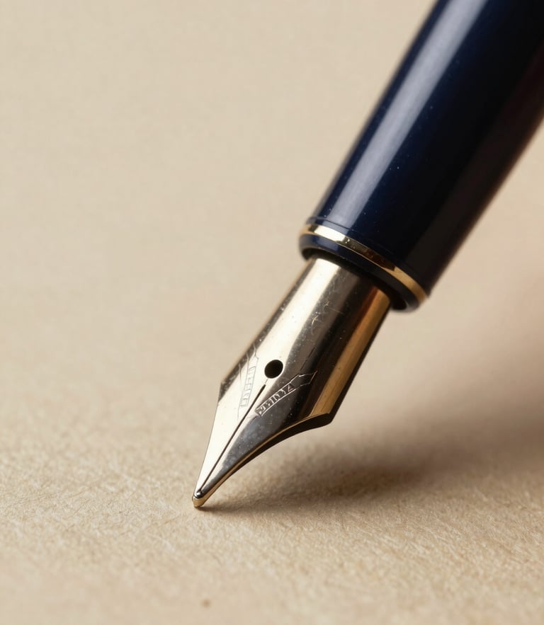 Macro close-up of a high-quality fountain pen tip touching textured archival paper, soft dramatic side-lighting, deep navy and champagne tones, 35mm.