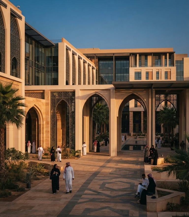 A bright, modern university courtyard in Riyadh, clean architectural shadows, warm golden-hour light reflecting off limestone arches, professional academic setting.