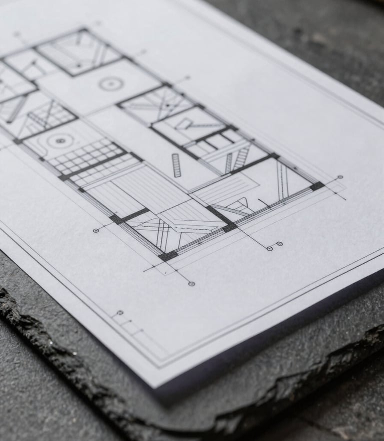 Extreme close-up of a physical architectural planning blueprint on a textured dark slate table, sharp side-lighting, technical pencil lines and measurements visible, structural precision.