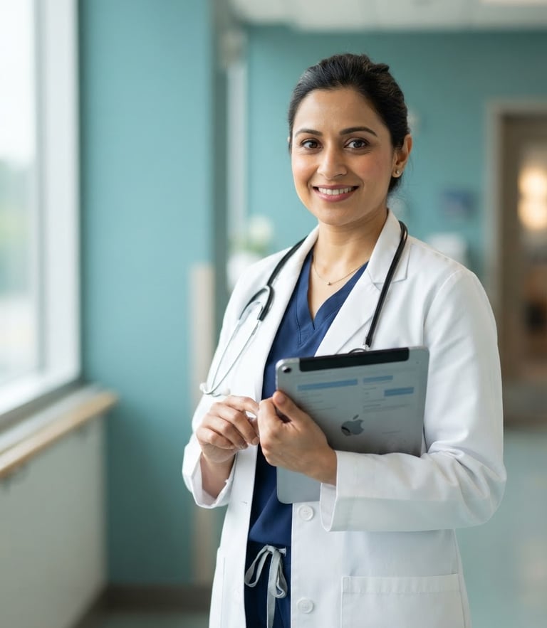 Medium shot of a professional doctor in a clean white coat holding a digital tablet, bright natural daylight, calming teal background, sharp focus