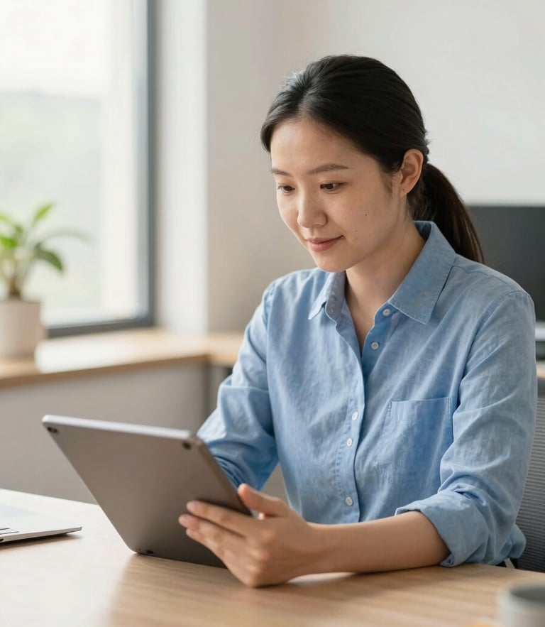 A professional NDIS support coordinator working in a bright, sunlit office, reviewing a digital tablet with a calm, focused expression, soft natural daylight, warm editorial style.