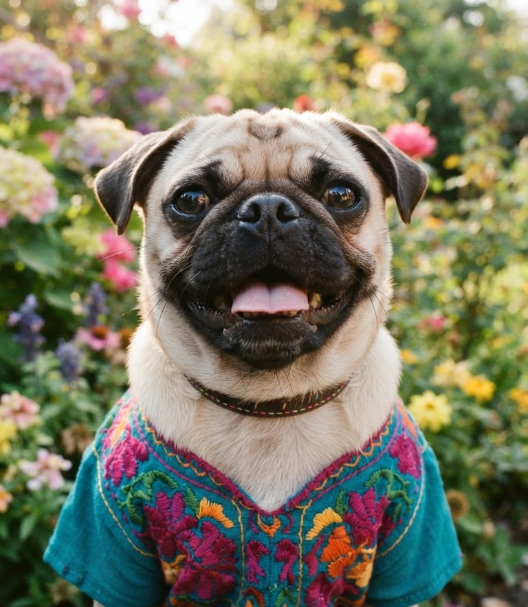Close up of a happy pug wearing a colorful teal and magenta artisanal Mexican shirt, looking directly at the camera, bright natural daylight, outdoor garden setting