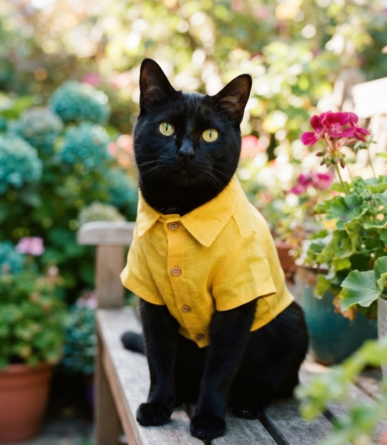 Bright eye-level medium shot of a sleek black cat wearing a vibrant yellow linen shirt, looking comfortable and curious, warm natural lighting, shallow depth of field.