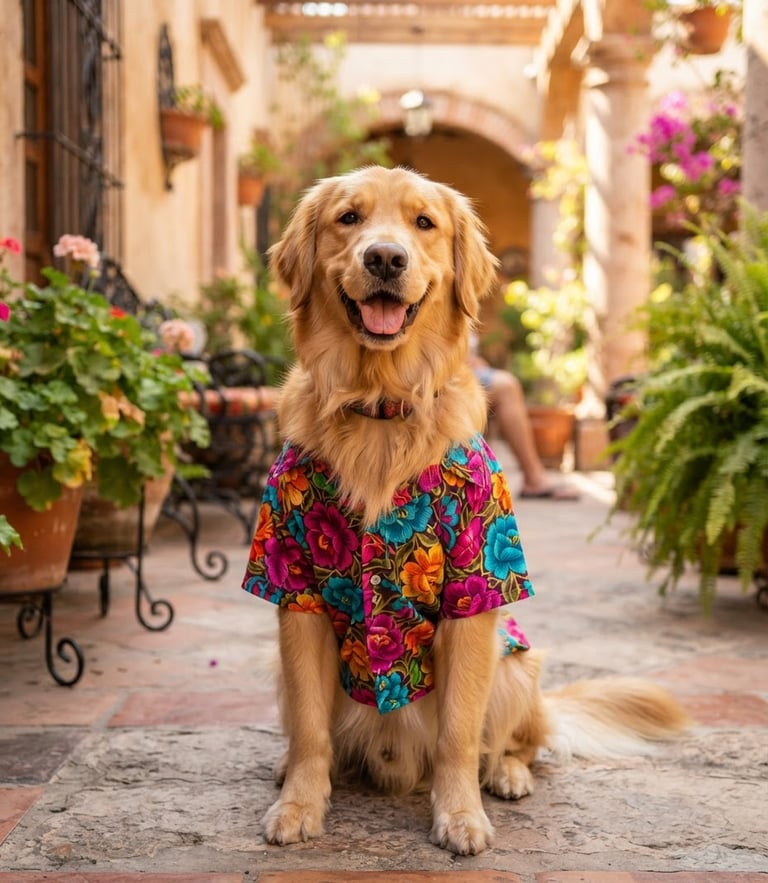 A happy golden retriever wearing a bright teal and magenta floral Mexican-style shirt, sitting in a sunlit patio in Celaya, natural daylight, soft focus background, high-quality pet photography