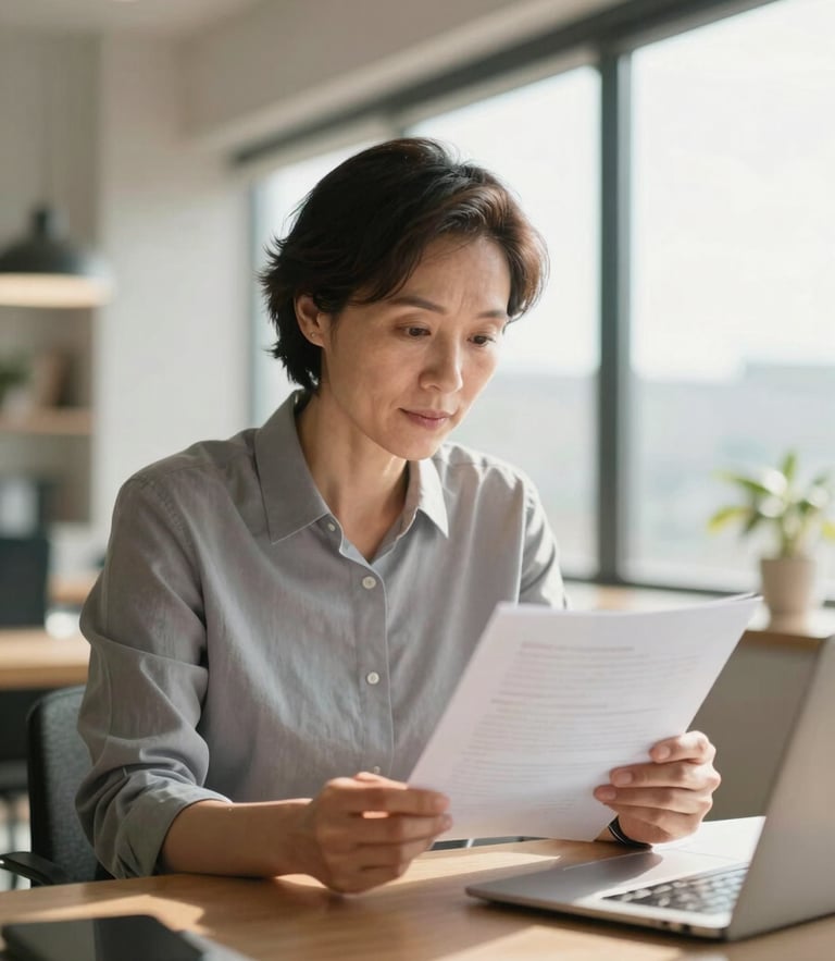A focused mature professional in a modern home office reading a document, warm natural window light, shallow depth of field, 35mm lens