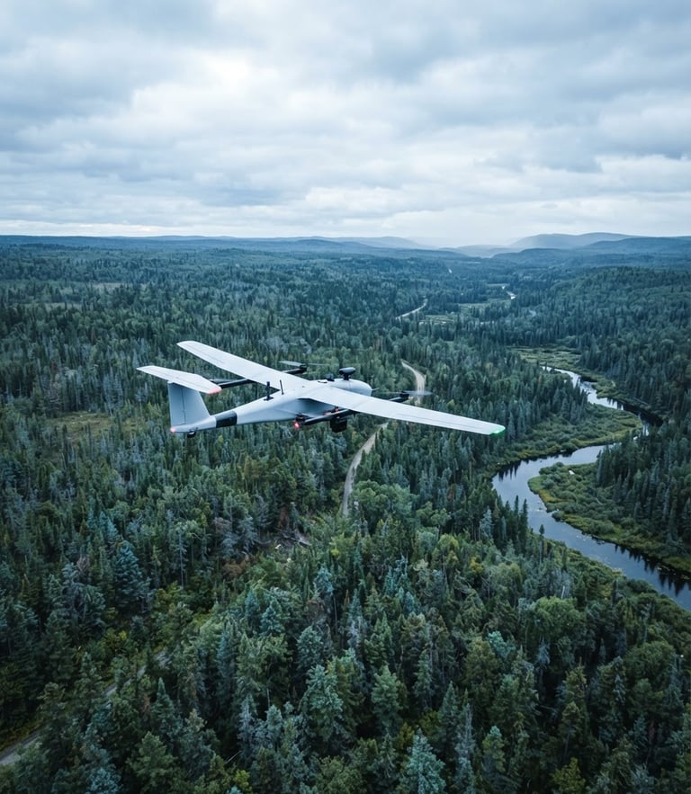 A sleek commercial fixed-wing drone soaring over a vast Canadian pine forest, bright overcast daylight, wide-angle lens, cool blue tones.