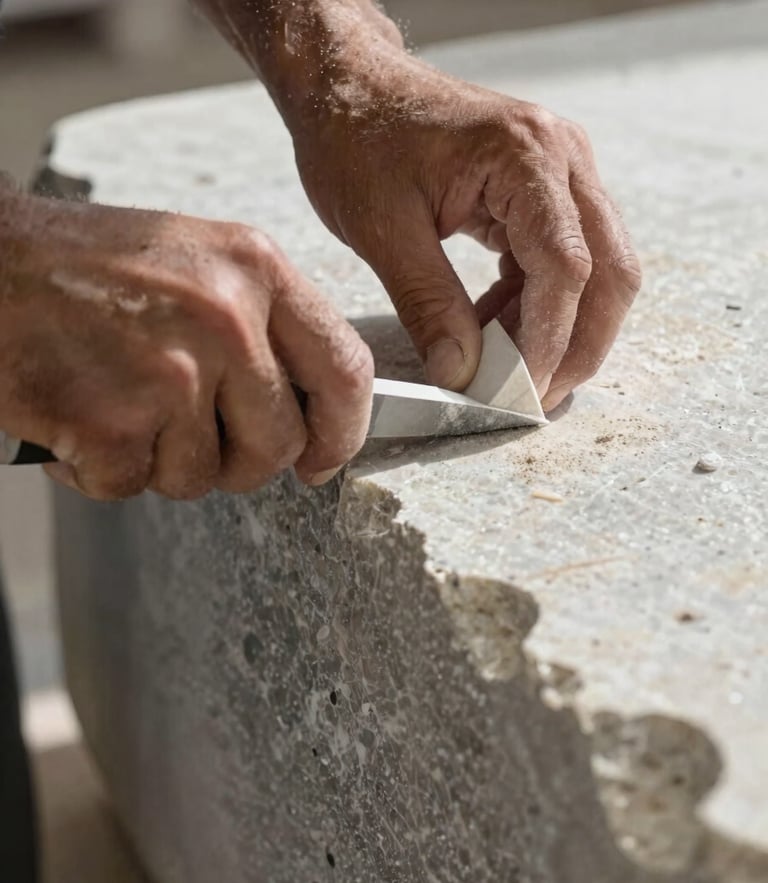 Close-up of hands carving raw travertine stone in a Roman workshop, dusty sunlight highlighting the texture of the marble and the sharp chiselled edges.
