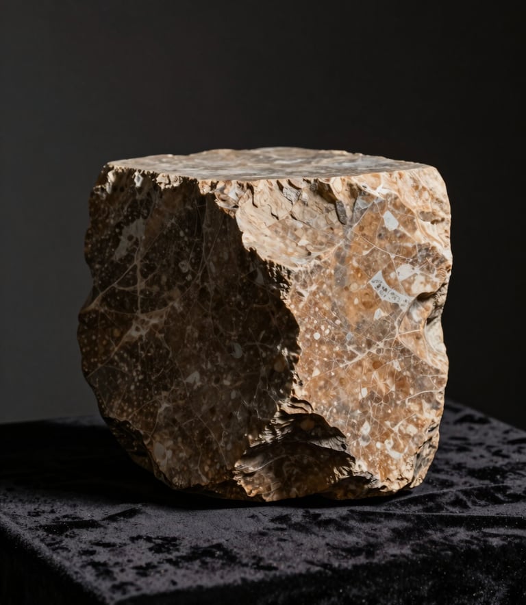 Chiaroscuro studio shot of a monolithic carved travertine fragment resting on a dark velvet surface, single dramatic light source casting long shadows, warm bronze tones.