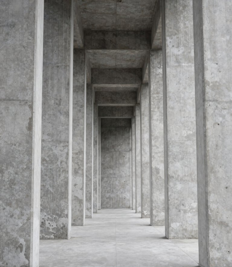 Symmetrical architectural perspective of concrete and steel columns, clean lines, cool overcast daylight, high-trust structural geometry.