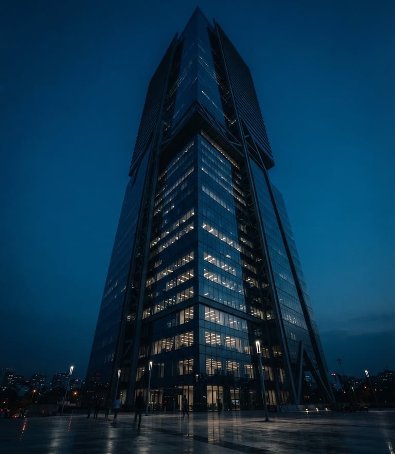 Low-angle heroic shot of a modern corporate steel and glass tower in Naucalpan, dark blue hour lighting, sharp architectural shadows, reflecting elite authority, cinematic corporate photography, 35mm lens