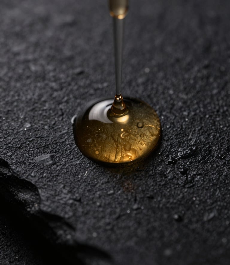 Macro shot of gold serum droplet on dark textured glass, low-key dramatic studio lighting, sharp focus, 35mm