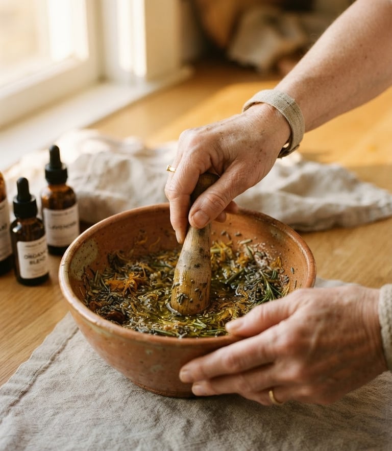 Close-up of hands preparing organic oils in a warm ceramic bowl, soft golden-hour window light, muted terracotta and cream tones, shallow depth of field, 35mm