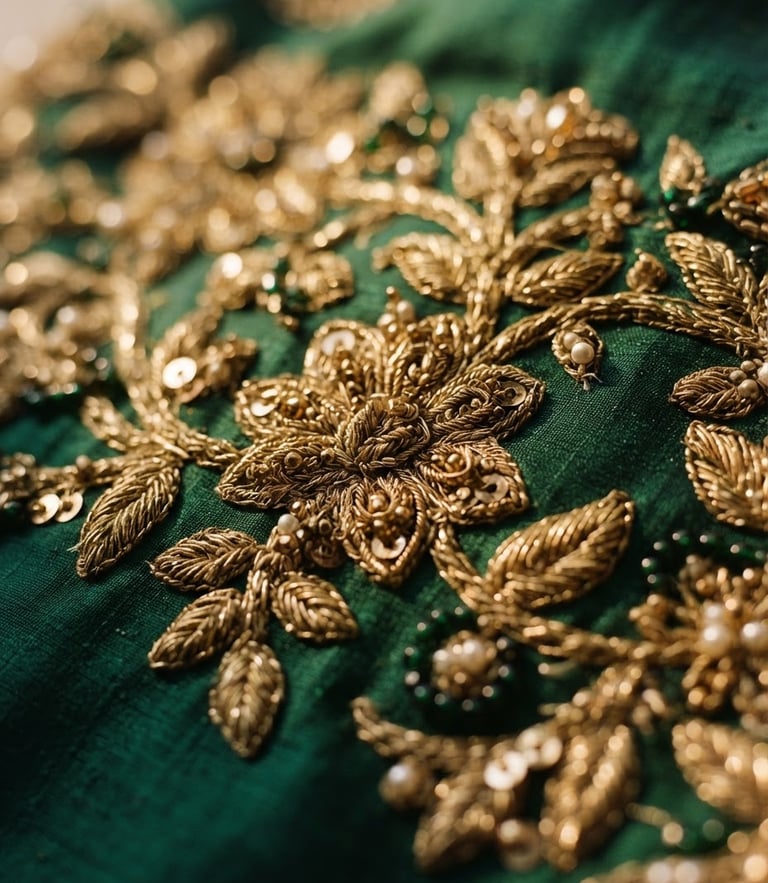 Macro close-up of gold zardozi embroidery threads on deep emerald silk, warm directional window light, shallow depth of field, 35mm