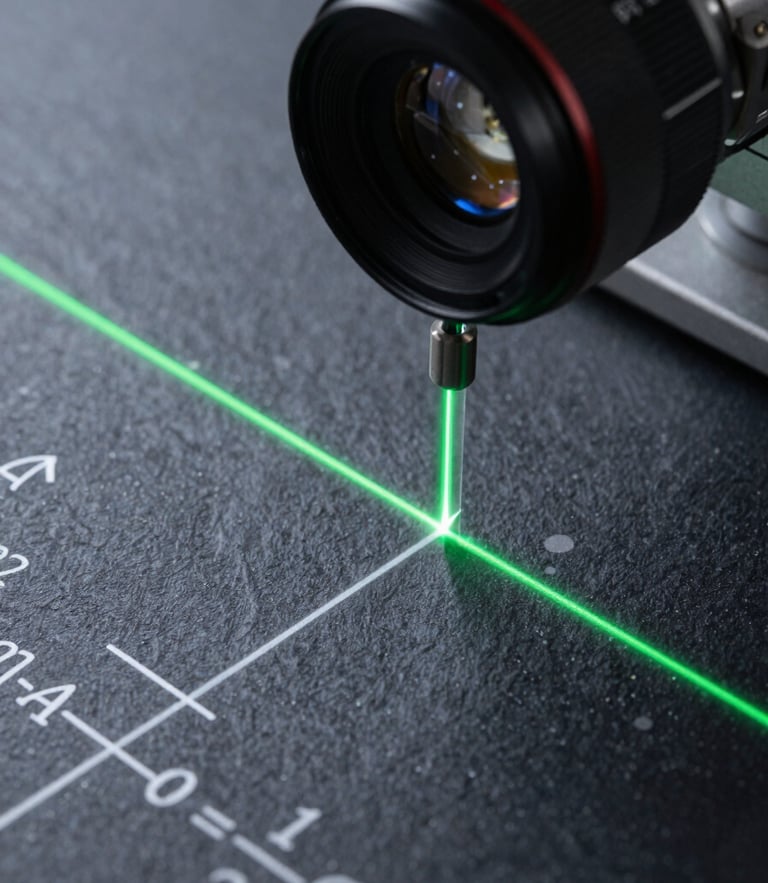 Macro photograph of a clean-room optical table with a green laser beam refracting through a quartz prism, illuminating mathematical formulas on a dark slate background, high contrast, sharp focus.
