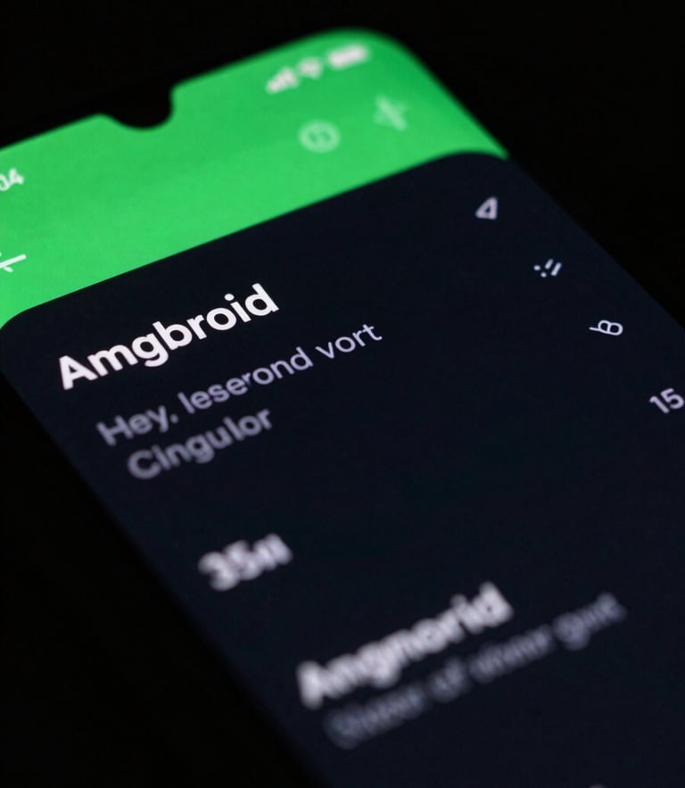Macro close-up of a physical Android phone screen displaying a dark-mode interface with vibrant green accents, low-key studio lighting with subtle neon reflections, 35mm