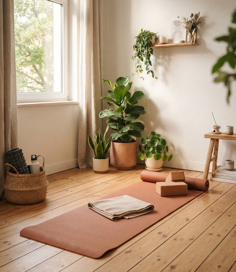 A cozy, sunlit home workout corner with a terracotta yoga mat, green plants in ceramic pots, soft morning light, warm editorial style.