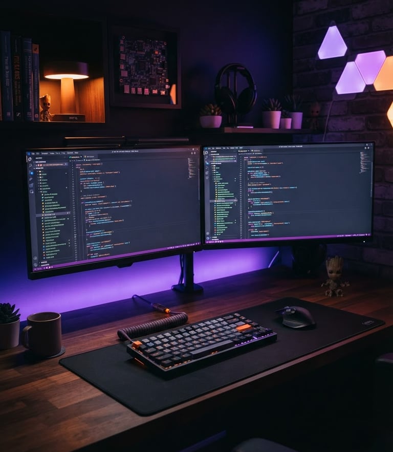 A clean modern developer workspace with a mechanical keyboard and a dual monitor setup displaying lines of clean code, illuminated by purple and orange ambient neon lighting, sharp focus, 35mm lens.
