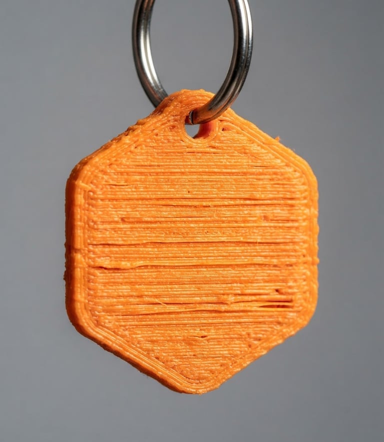 Macro photograph of a 3D printed orange keychain on a clean metal ring, sharp focus on the layer lines, bright side light, neutral gray background