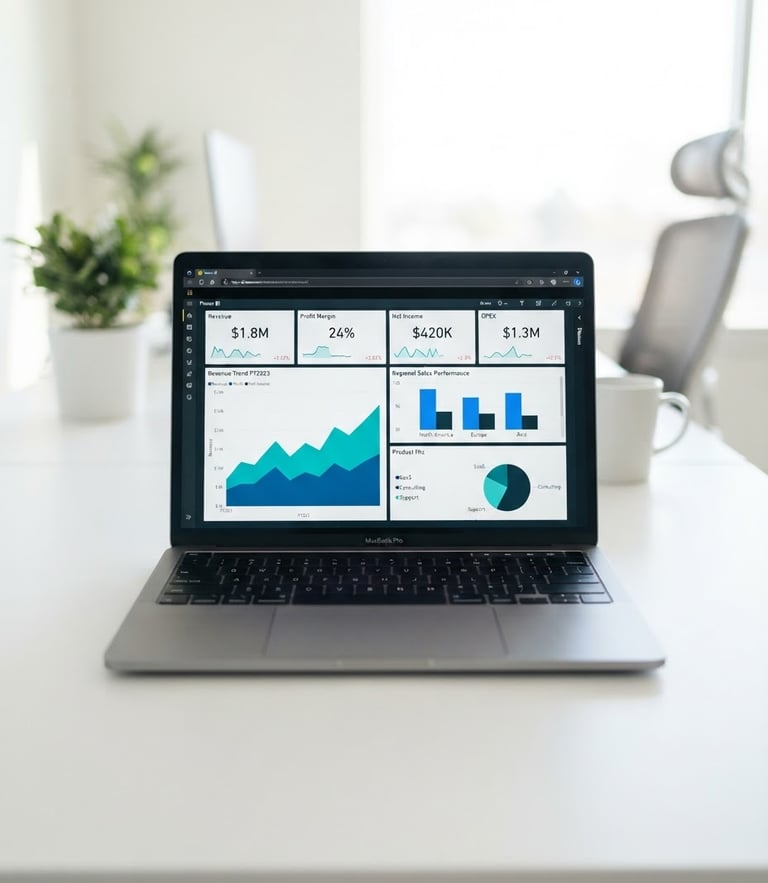 Bright high-key product photography, clean laptop screen showing a modern Power BI financial dashboard with KPI cards and revenue charts, soft studio light, shallow depth of field