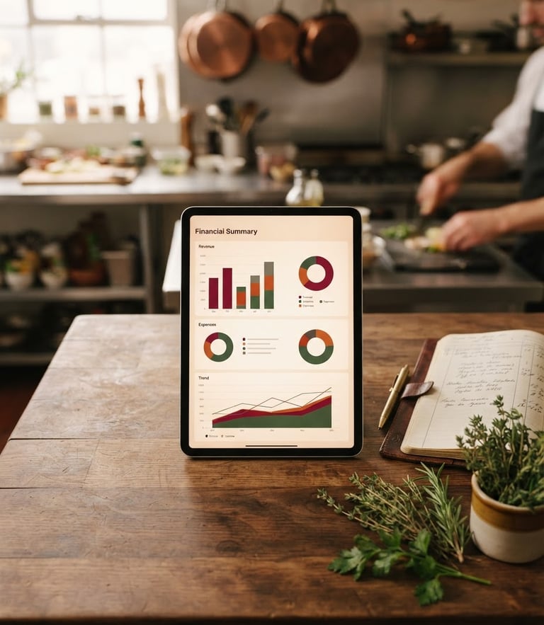 Overhead shot of a minimalist financial dashboard displayed on a tablet resting on a clean wooden table in a warm, sunlit restaurant kitchen, fresh herbs and a ledger nearby.