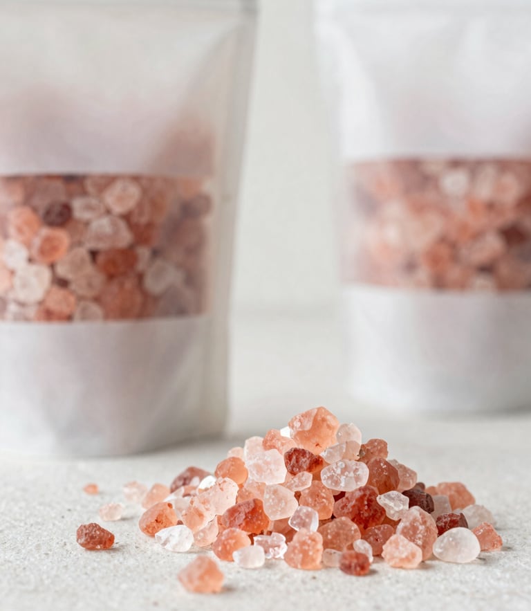 A serene eye-level portrait of raw pink Himalayan salt crystals alongside clean, minimalist packaging on a light stone surface, soft natural daylight, 35mm