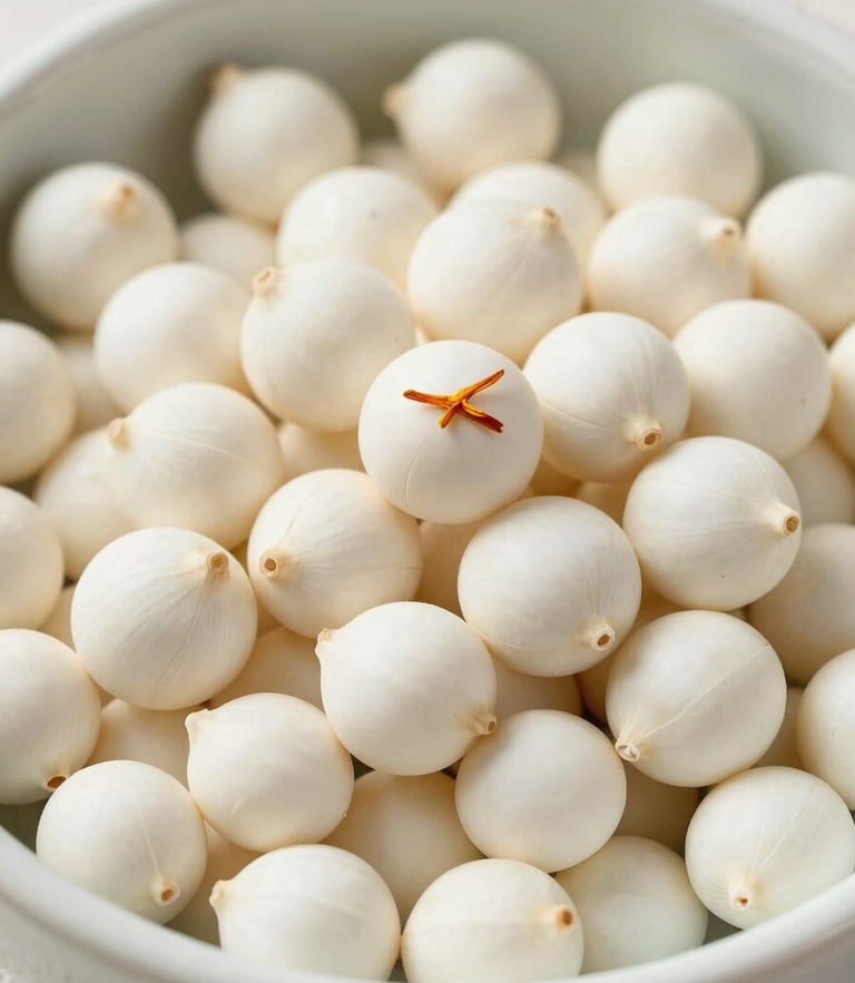 Top-down macro shot of clean white makhana in a minimalist ceramic bowl, soft natural daylight, saffron accent, shallow depth of field, 35mm
