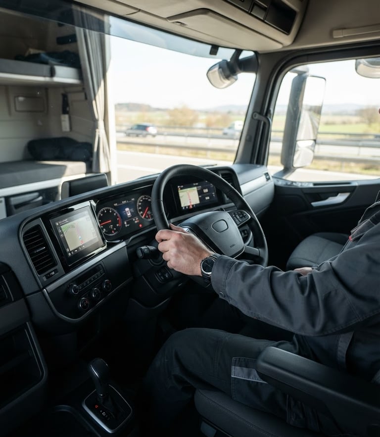 Sharp commercial photography of a modern semi-truck cabin interior, a driver's hand on the steering wheel, bright daylight, professional depth of field.