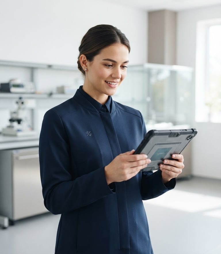 A sharply dressed technician in a clean branded uniform holding a digital tablet, clean minimalist room, bright high-key lighting, soft shadows