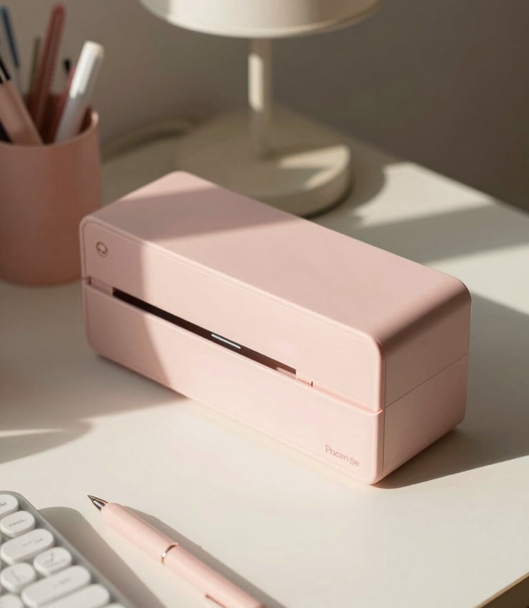 A close-up 45-degree angle shot of a cozy desk setup with soft morning light, featuring a pastel pink desk organizer, a small cream-colored lamp, and aesthetic Korean-style stationery.