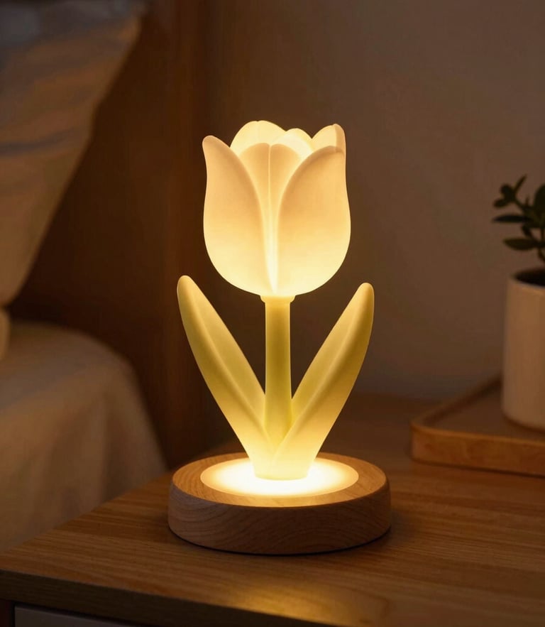 Aesthetic tulip night light glowing softly on a wooden bedside table, warm golden hour lighting, cozy and dreamy atmosphere