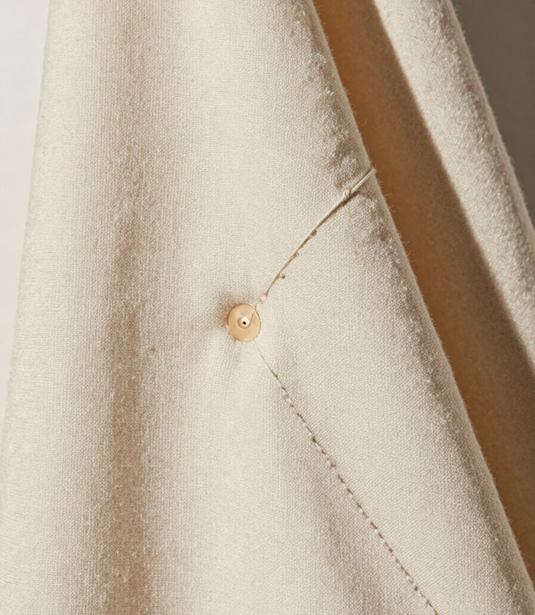 Macro detail shot of heavy cream linen drape, soft indirect daylight casting gentle shadows, showing precise double-needle stitching, portrait framing.