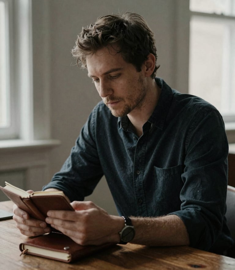 A thoughtful, candid portrait of a man in quiet focus, sitting at a wooden desk with a leather journal, soft natural window light, deep desaturated tones.